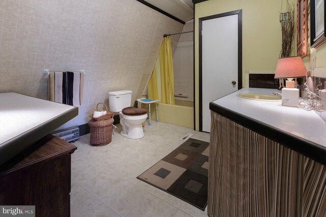 full bathroom with vanity, shower / bath combination with curtain, tile walls, and toilet