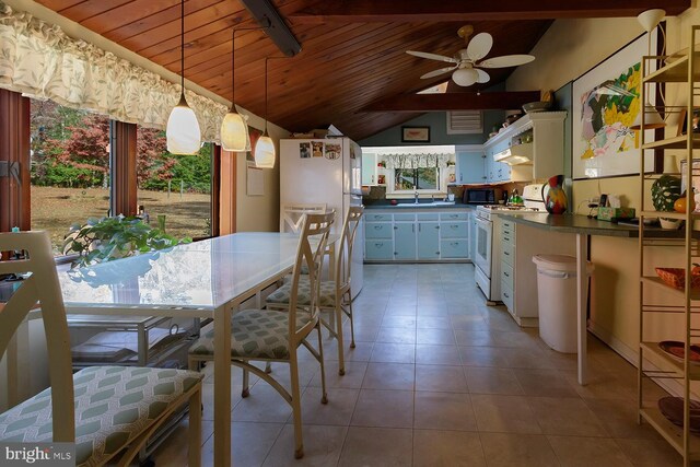 kitchen featuring ceiling fan, pendant lighting, white appliances, white cabinets, and wood ceiling