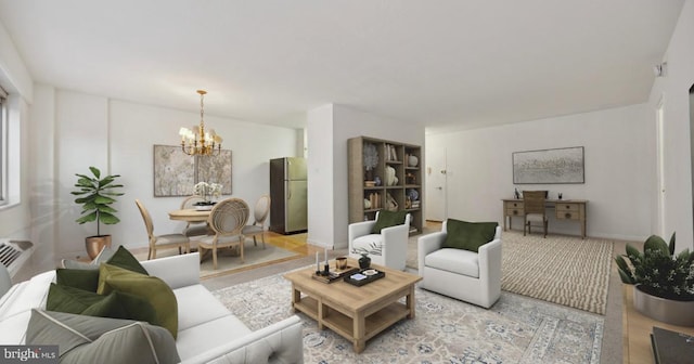 living room featuring an inviting chandelier