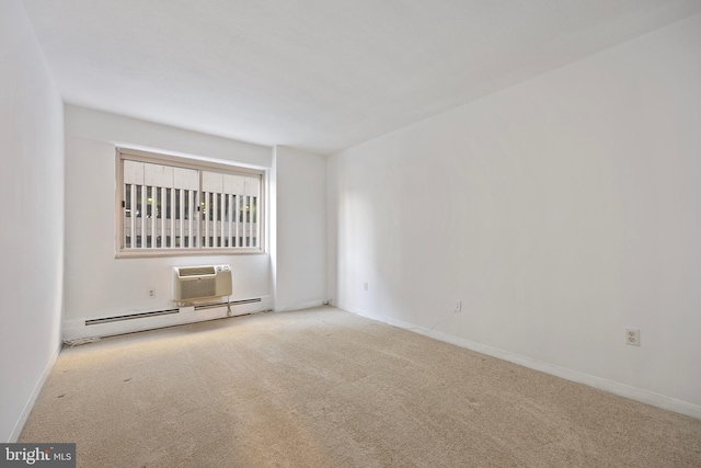 carpeted empty room featuring a wall mounted air conditioner and a baseboard radiator