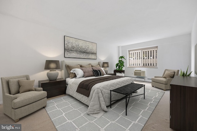 bedroom featuring light carpet and a wall mounted air conditioner