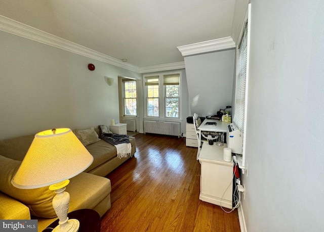 living room featuring radiator heating unit, dark hardwood / wood-style flooring, and ornamental molding