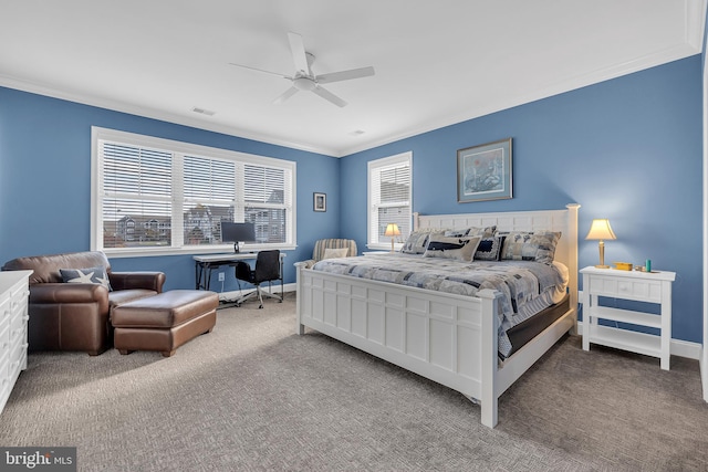 bedroom featuring carpet, multiple windows, and ceiling fan