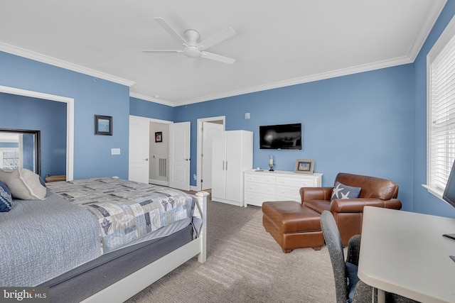 bedroom featuring carpet, ceiling fan, and crown molding