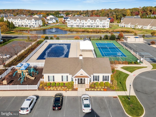 aerial view featuring a water view