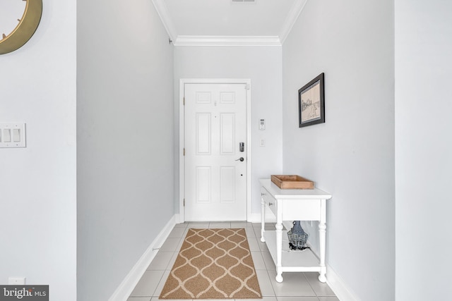 entryway featuring ornamental molding and light tile patterned flooring