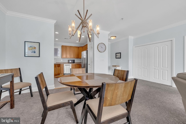 dining space with light carpet, crown molding, and a notable chandelier