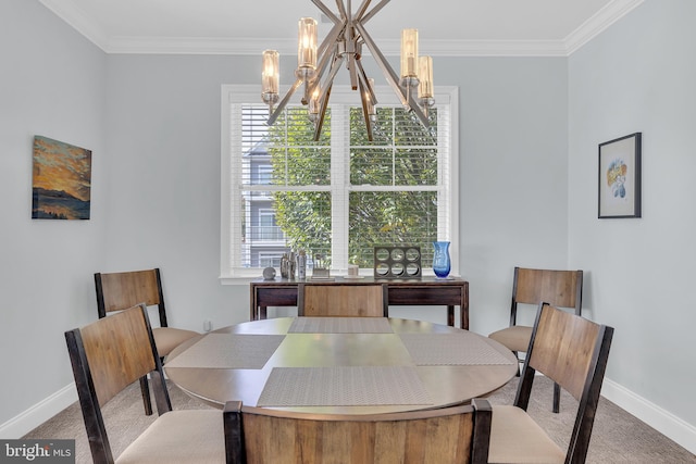 carpeted dining space with a notable chandelier and ornamental molding