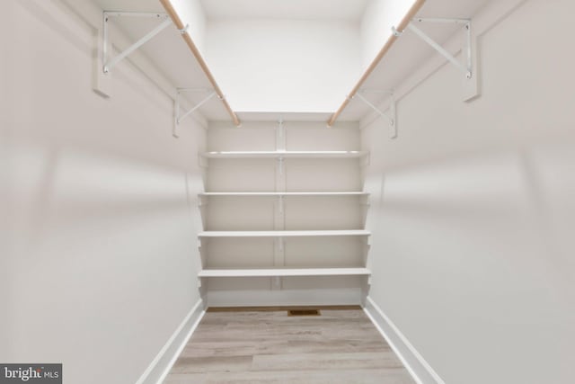 walk in closet with light hardwood / wood-style floors