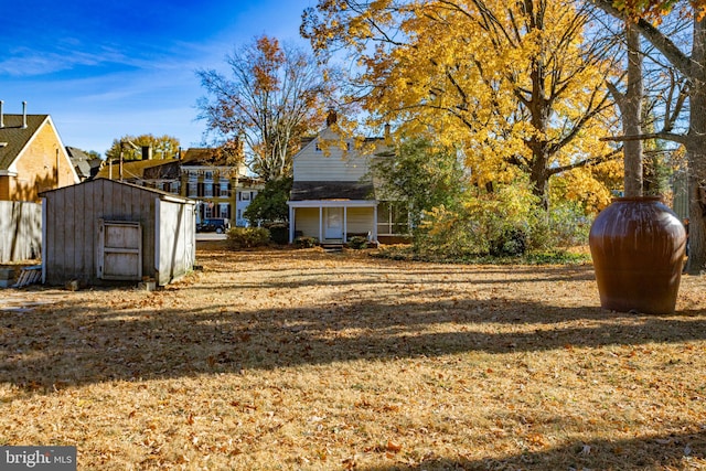 view of yard with a storage shed