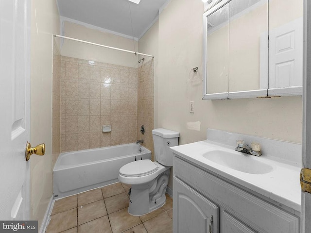 full bathroom featuring toilet, tiled shower / bath, vanity, and tile patterned flooring