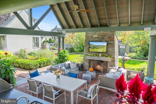 155 E Oakland Ave, Doylestown, PA 18901 - view of patio / terrace with an outdoor living space with a fireplace and ceiling fan