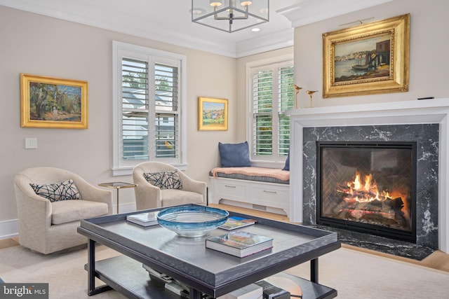 155 E Oakland Ave, Doylestown, PA 18901 - living room with ornamental molding, a chandelier, a high end fireplace, baseboards, and recessed lighting