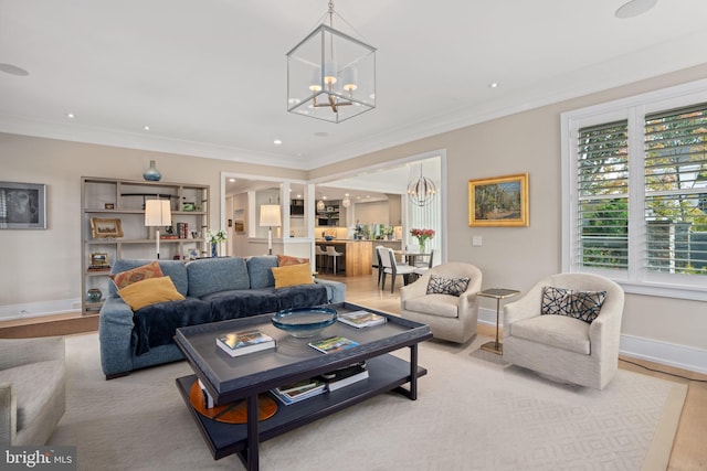 155 E Oakland Ave, Doylestown, PA 18901 - living room featuring a chandelier, crown molding, baseboards, wood finished floors, and recessed lighting