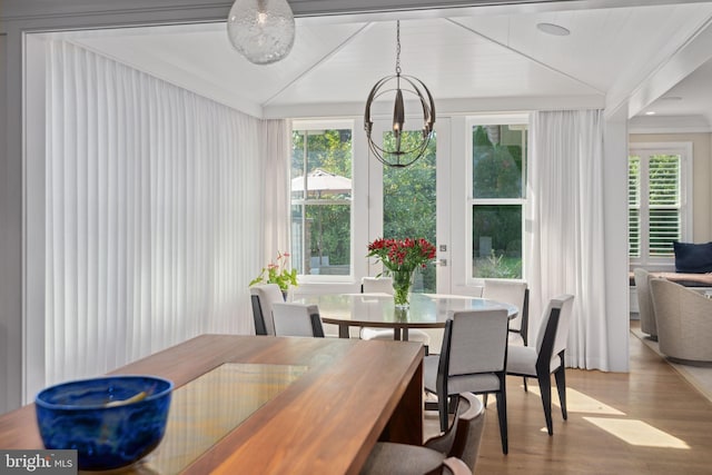 155 E Oakland Ave, Doylestown, PA 18901 - dining room with wood finished floors, plenty of natural light, a chandelier, and vaulted ceiling