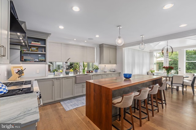 155 E Oakland Ave, Doylestown, PA 18901 - kitchen with a sink, gray cabinets, light wood-style flooring, a breakfast bar area, and decorative light fixtures