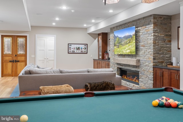 155 E Oakland Ave, Doylestown, PA 18901 - game room with pool table, a fireplace, recessed lighting, and wood finished floors