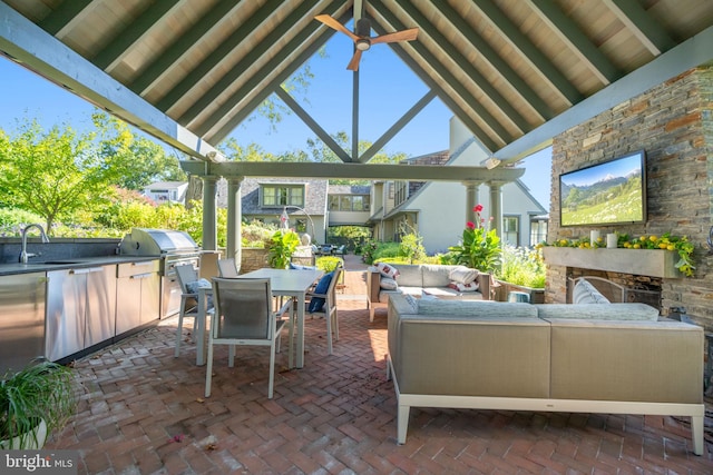 155 E Oakland Ave, Doylestown, PA 18901 - view of patio with a gazebo, a sink, an outdoor living space with a fireplace, and outdoor dining space