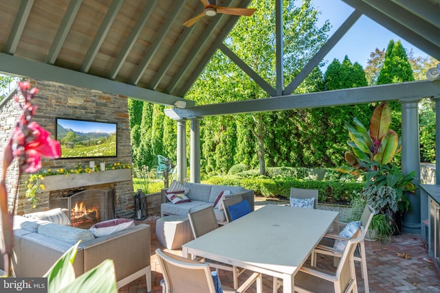 155 E Oakland Ave, Doylestown, PA 18901 - view of patio / terrace with a ceiling fan and an outdoor living space with a fireplace