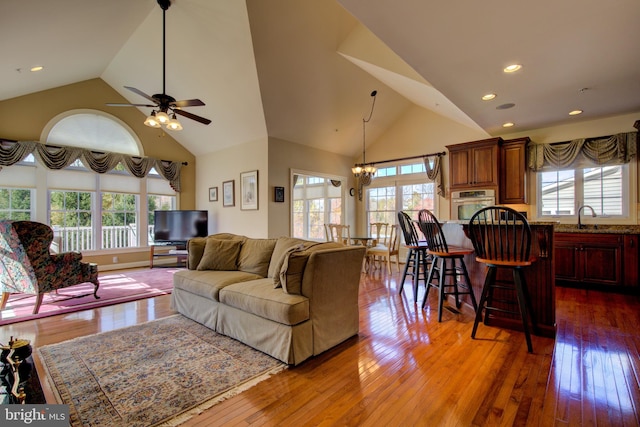 living room featuring high vaulted ceiling, dark wood-type flooring, and a healthy amount of sunlight