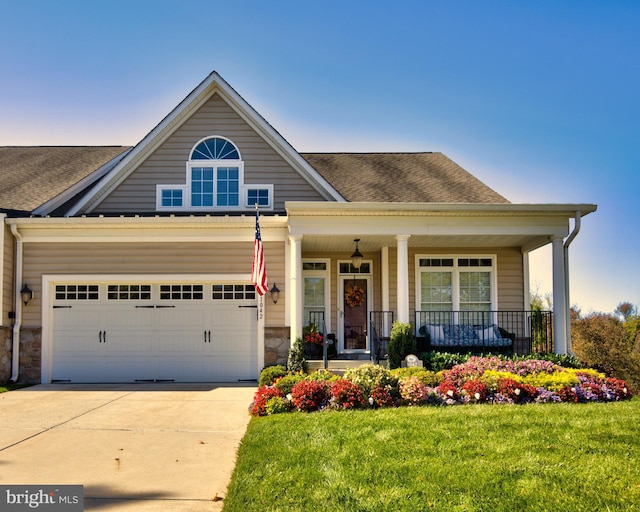 view of front of property with covered porch and a front lawn