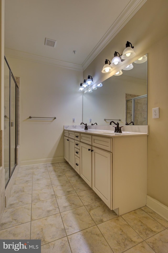 bathroom with ornamental molding, walk in shower, and vanity