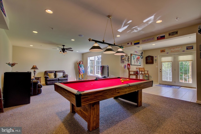 game room featuring ceiling fan, billiards, and carpet floors