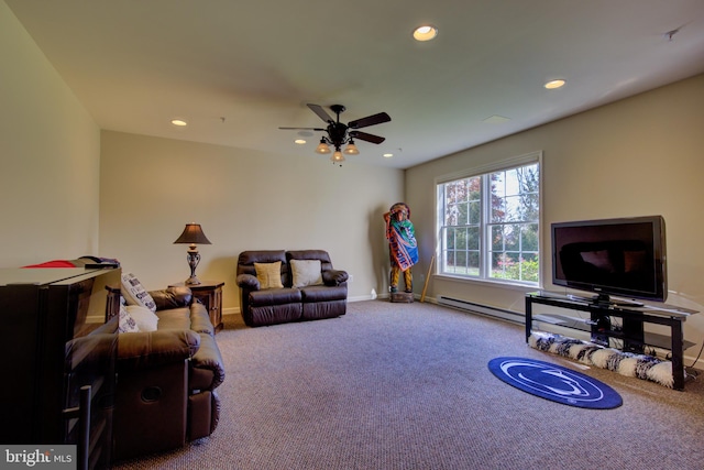 carpeted living room featuring ceiling fan