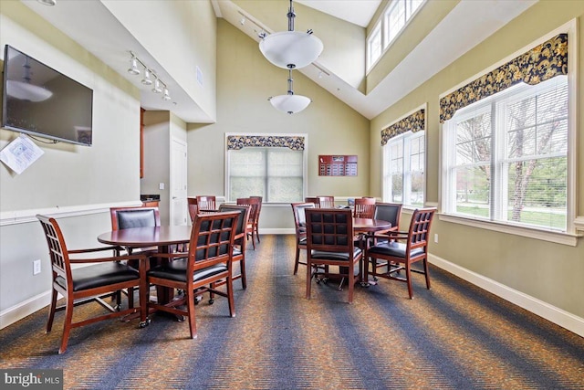 dining room with high vaulted ceiling and rail lighting