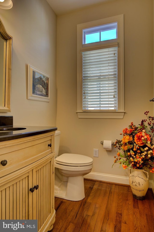 bathroom with wood-type flooring, vanity, and toilet