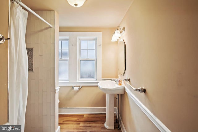 bathroom with hardwood / wood-style floors