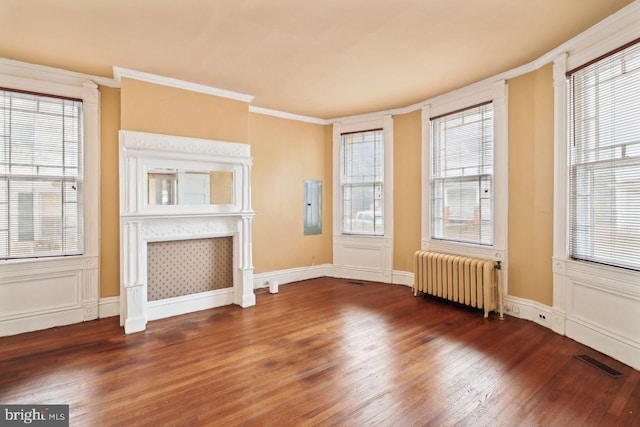 205 Walnut St, Pocomoke City, MD 21851 - entryway with radiator heating unit, ornamental molding, wood finished floors, electric panel, and a decorative wall