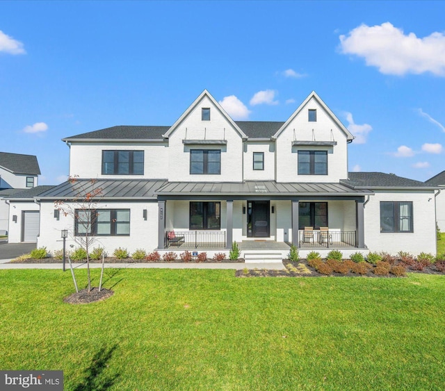 9142 Belvedere Branch Dr, Great Falls, VA 22066 - modern inspired farmhouse with a standing seam roof, covered porch, and a front yard