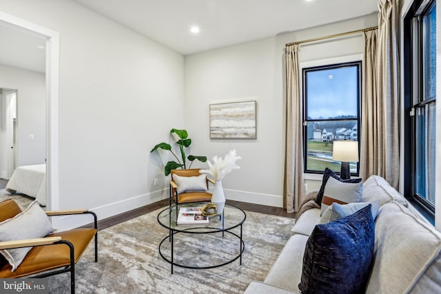 living area with hardwood / wood-style flooring