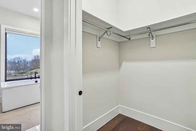 walk in closet with hardwood / wood-style floors