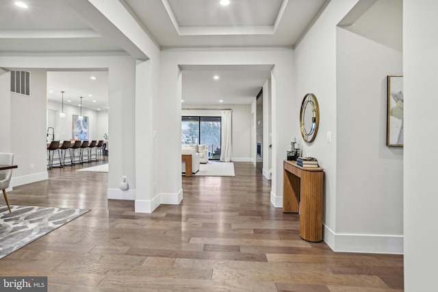 foyer with hardwood / wood-style flooring and a tray ceiling