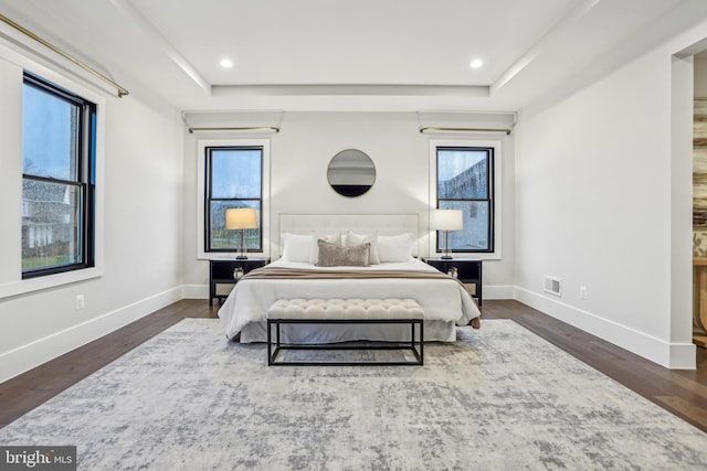 bedroom with a raised ceiling, multiple windows, and dark hardwood / wood-style flooring