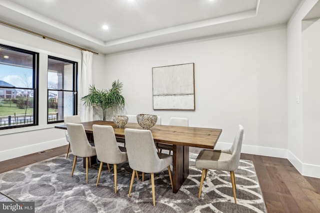 dining space with a tray ceiling and dark wood-type flooring