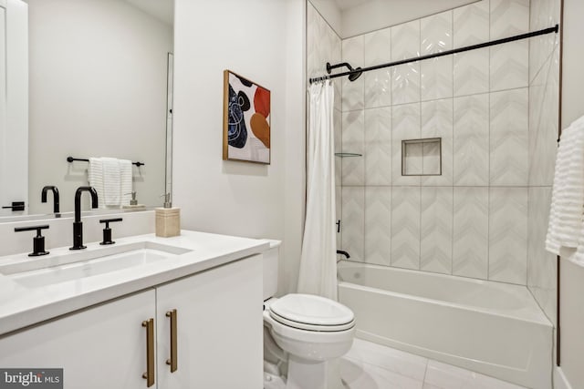 full bathroom featuring vanity, toilet, and shower / bathtub combination with curtain