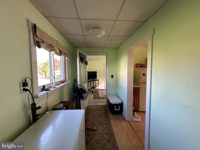 hallway featuring light wood-type flooring and a paneled ceiling