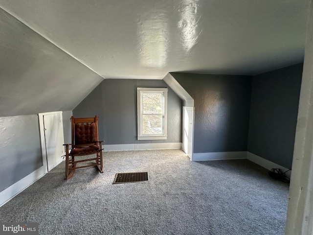 additional living space with carpet flooring, a textured ceiling, and vaulted ceiling