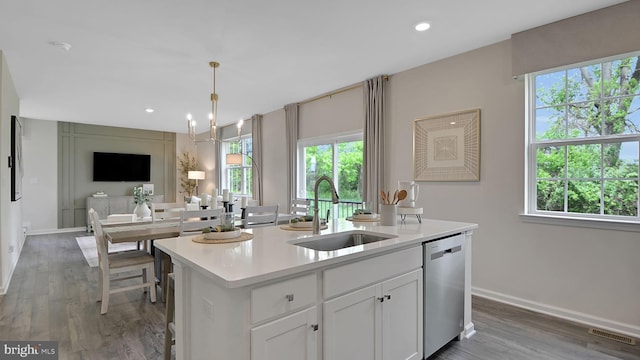 kitchen featuring sink, a healthy amount of sunlight, stainless steel dishwasher, a center island with sink, and white cabinets