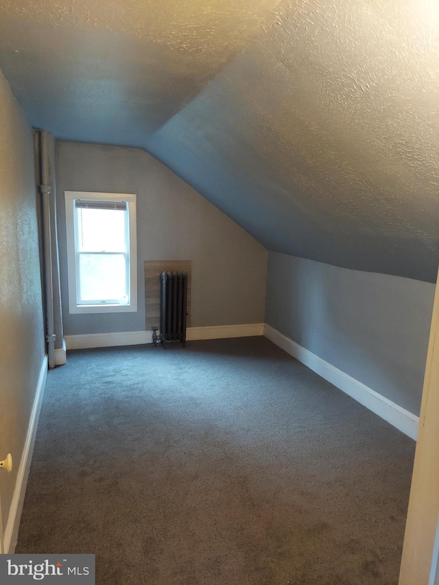 additional living space with radiator, lofted ceiling, a textured ceiling, and dark colored carpet