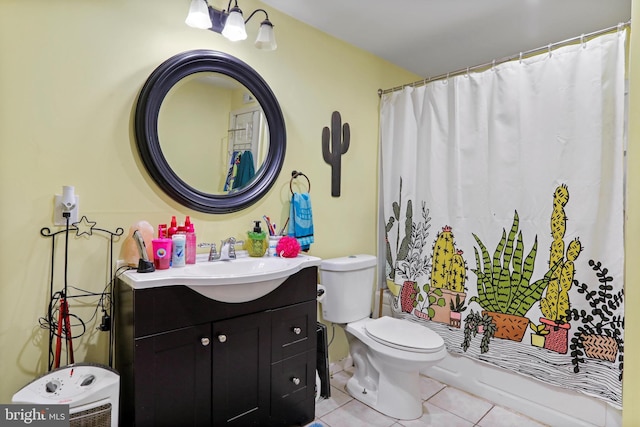 full bathroom featuring toilet, shower / bath combo, vanity, and tile patterned floors