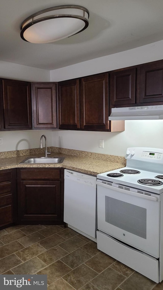 kitchen featuring sink, dark brown cabinets, and white appliances