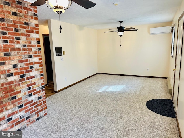 unfurnished living room featuring ceiling fan, a wall mounted air conditioner, carpet flooring, and a textured ceiling