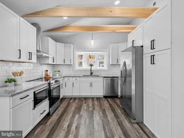 kitchen with lofted ceiling with beams, sink, white cabinets, and stainless steel appliances