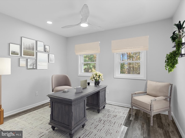 office featuring ceiling fan and light hardwood / wood-style floors