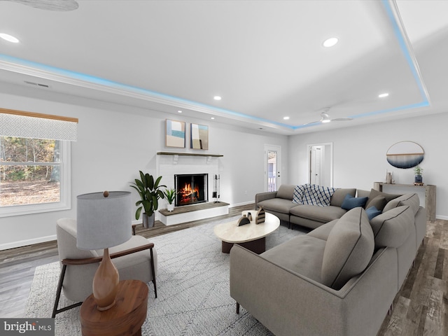 living room with hardwood / wood-style floors, ceiling fan, and a tray ceiling