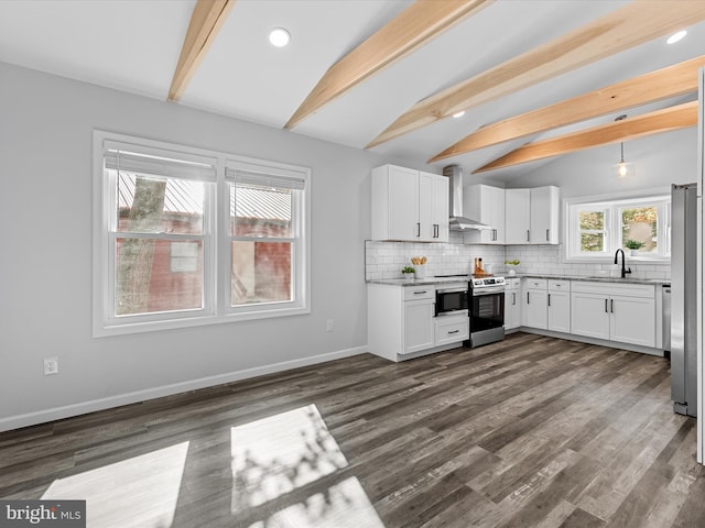 kitchen with white cabinets, vaulted ceiling with beams, wall chimney range hood, and electric stove